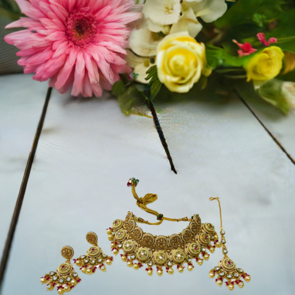 Regal Grace: Luxury Copper Choker in Pink with Maang Tikka