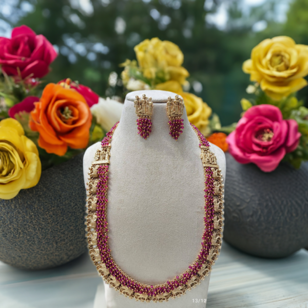 "Regal Radiance: Luxury Copper Long Necklace Set with Dark Pink & Golden Accents" ✨💎💖💛