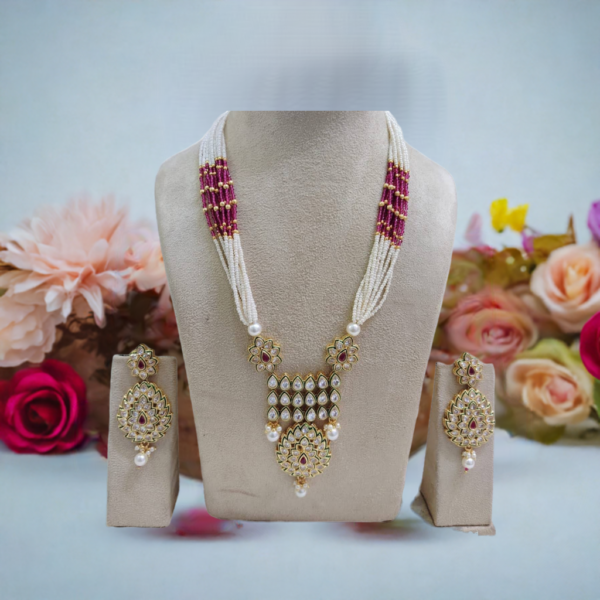 Regal Splendor: Luxury Long Kundan Necklace in Magenta & Golden Tone with Layered Chains & Earrings" ✨💎