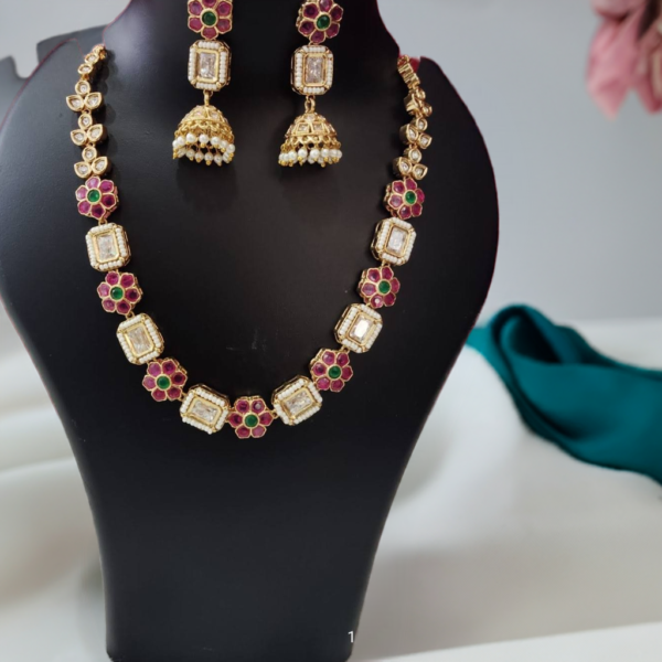 "Royal Grace: Luxury Kundan Necklace Set with Floral Design With Multi Color