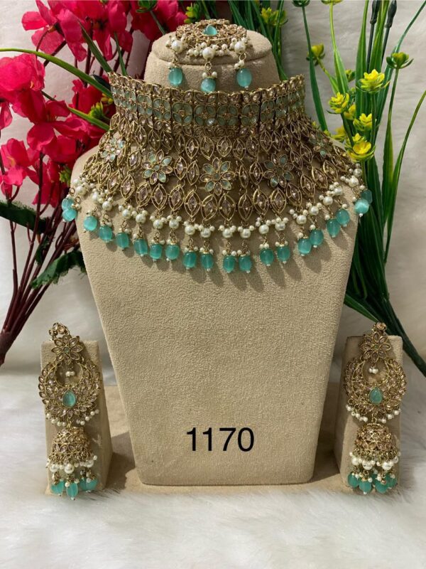 "Serene Beauty: Luxury Mehndi Polished Choker Necklace in Light Blue with Maang Tikka Set" ✨💎💙