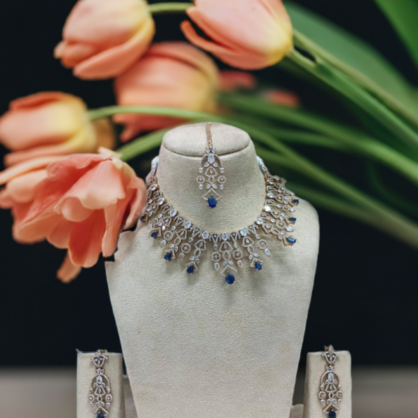 Luxurious Royal Blue AD Necklace Set with Maang Tikka