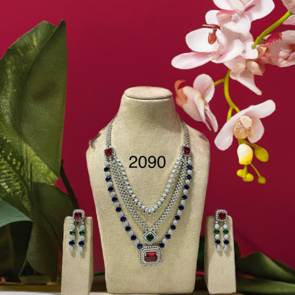 Luxurious Royal Multicolor AD Necklace Set – Three-Layer Grandeur