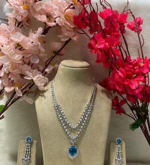 Luxurious Royal Sky Blue AD Necklace Set – Double Layered Elegance