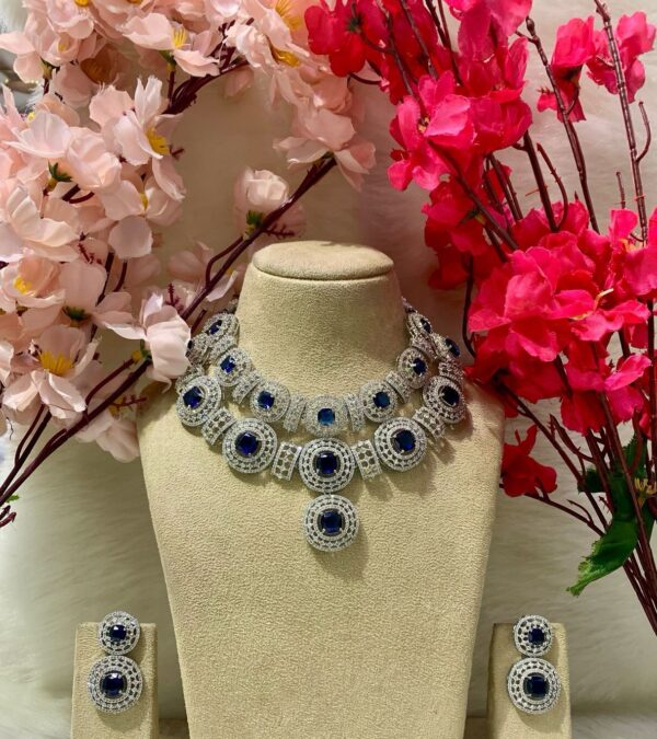 Luxurious Royal Blue AD Necklace Set – Double Layered Elegant