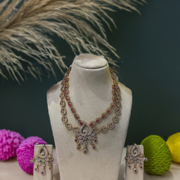 Luxurious AD Necklace Set with a double-layer design in royal red and silver:
