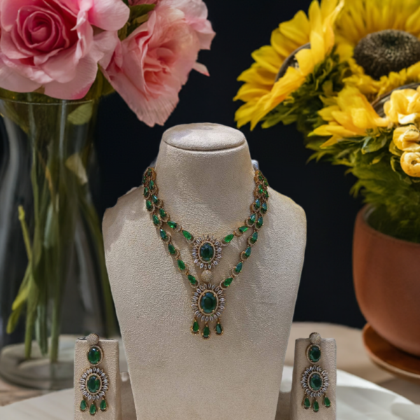 Luxurious AD Necklace Set – Double Layer Royal Green & Silver