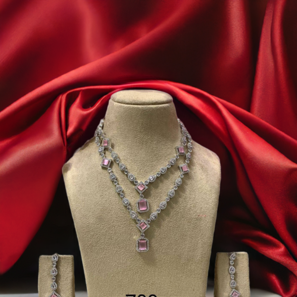 Luxurious AD Necklace Set – Royal Baby  Pink & Silver Elegance Double Layer Set
