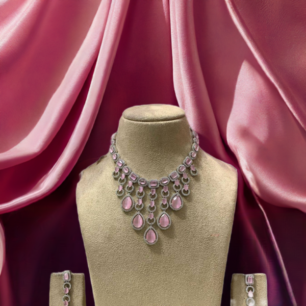 Luxurious AD Necklace Set – Royal  Baby Pink & Silver Elegance