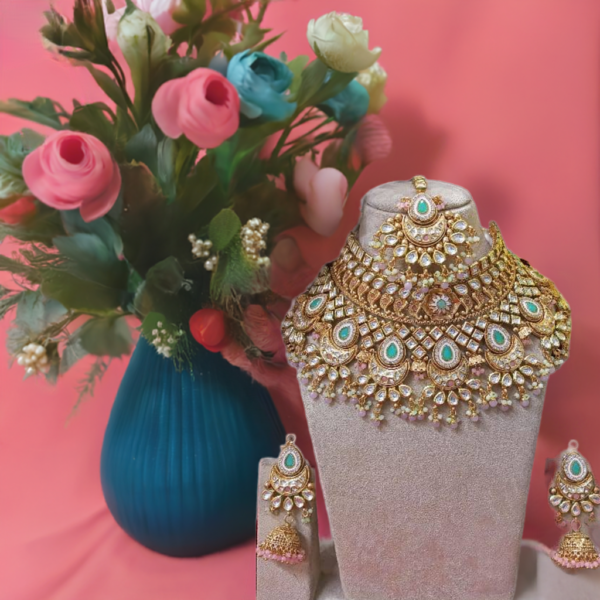 Luxurious Choker Set with Maang Tikka – Royal Elegance in Golden & Sky Blue