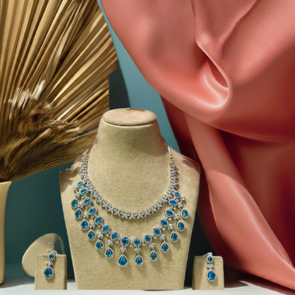 Luxurious Royal Blue & Silver AD Necklace Set – Three-Layer Elegance