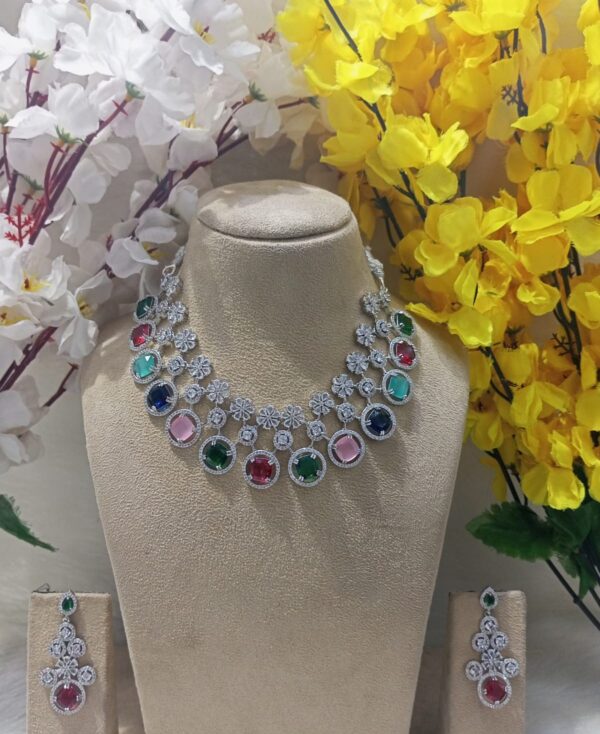 Luxurious AD Necklace Set – Royal Multi-Color & Silver Elegance