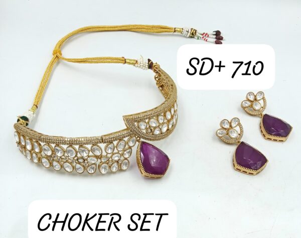 Luxurious AD Choker Set with Silver Royal Blue Color & Matching Earrings