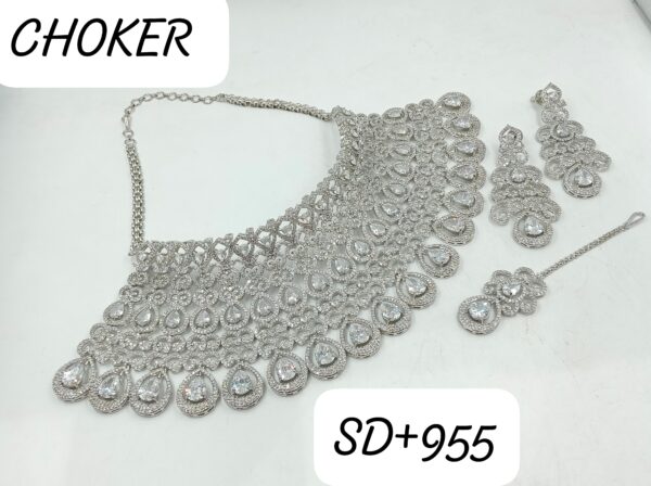 Luxurious AD Choker Set with Silver Color & Matching Earrings