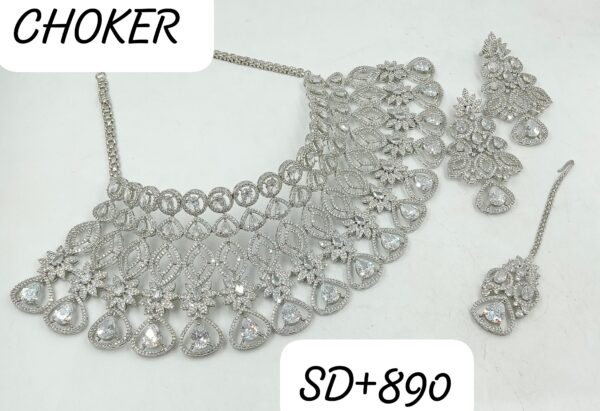 Luxurious AD Choker Set with Silver Color & Matching Earrings